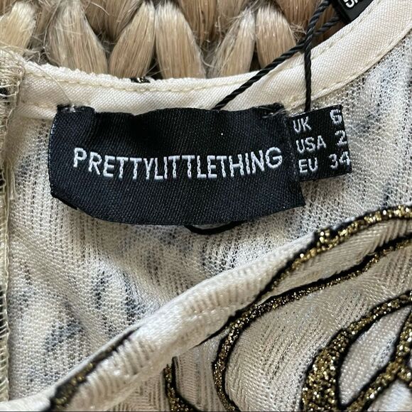 NWT Pretty Little Things Gold Glitter Nude Square Neck Bodycon Mini Dress Size 2 - Picture 12 of 16